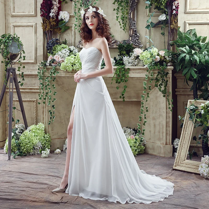 

Sweety Wedding Dresses A Line Sweetheart Marriage Gown 2021 Sleeveless Chiffon Beaded Front Split White Vestido De Noiva SQS036