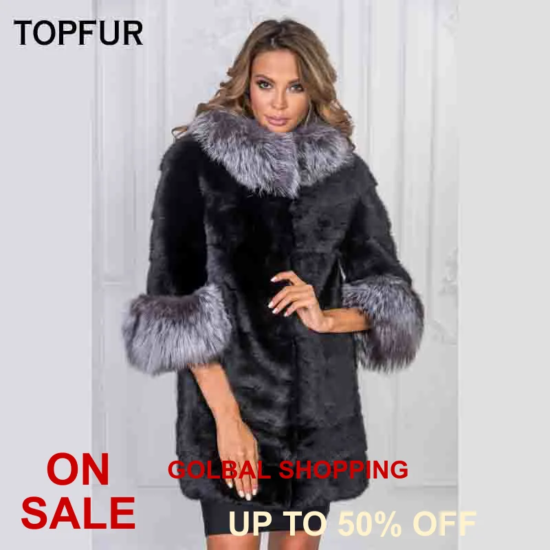 Женская Шуба из натурального меха норки с воротником серебряной лисы зимняя