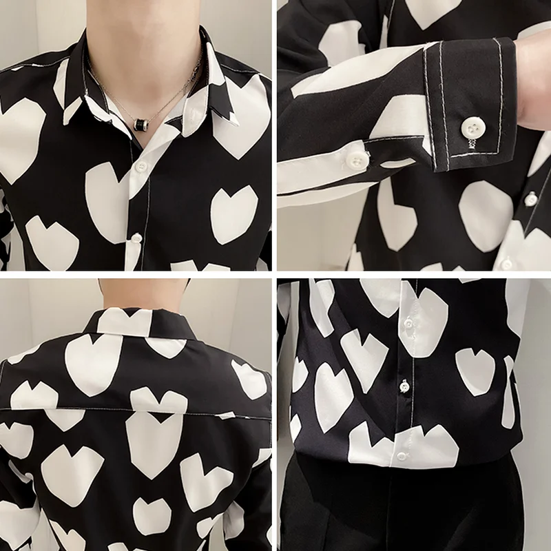 2021 Love Printed Shirts for Men's Autumn Long Sleeve Slim Casual Shirt Streetwear Harajuku MaleClothing Social Nightclub Tops