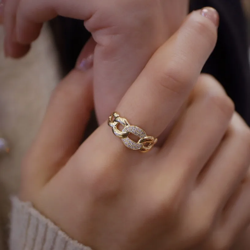 

18K Solid Yellow Gold Jewelry(AU750) Women Ins Blogger Popular Fashion Personality Little Treasure Of Fingers Diamond Chain Ring
