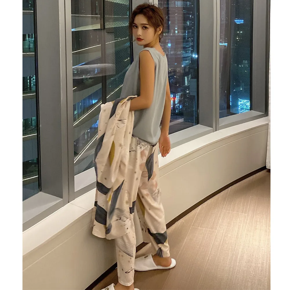 4 шт. весенне осенний комплект свободных пижам для дам комфортный кардиган + жилет