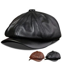 cowhide leather hat middle aged and old men autumn and winter student fashion youth duck tongue navy beret octagonal hat