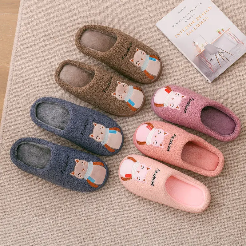 

Women Winter Home Slippers Cute Animals Indoor Cotton Ladies Slippers Cartoon Cat Shoes Non-slip Slippers Warm Slides