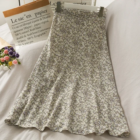 Vintage 2021 Summer Women Stylish Floral Print Elastic Slimming High Waist Loose Chiffon Skirt Casual Chic Elegant Skirt