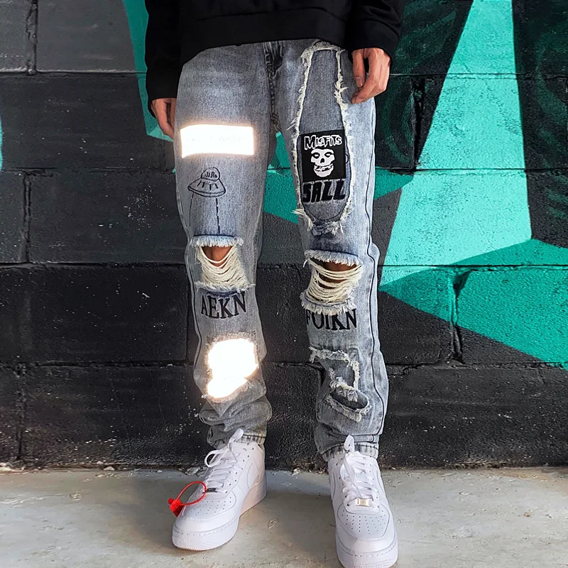 

2021 spring and summer new men's ripped jeans casual all-match tight-fitting low-rise non-stretch thin breathable trousers