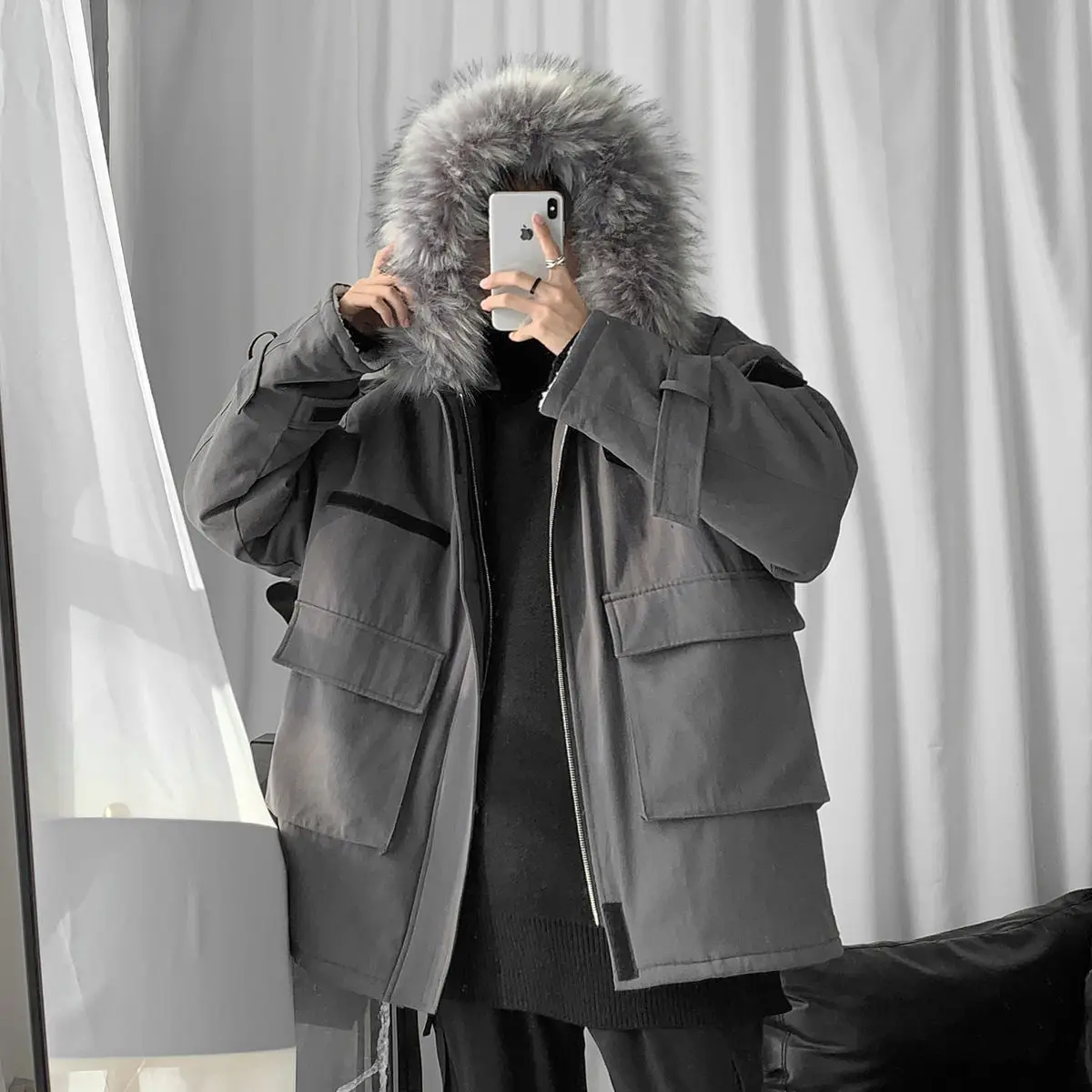 

Зимняя мужская куртка с капюшоном и меховым воротником, пальто-карго из овечьей шерсти с большими карманами, утепленная ветрозащитная своб...