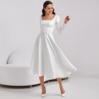 Роскошное Свадебное платье LUXIYIAO LO99 А-силуэта длиной ниже колена 2022 изысканное высококачественное атласное свадебное платье с квадратным вырезом и длинным рукавом