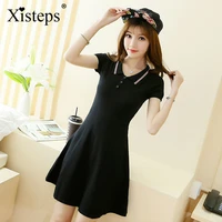 xisteps new 2020 autumn knitted women dress close fitting thin female college style sky blue elegant clothes short sleeve v neck