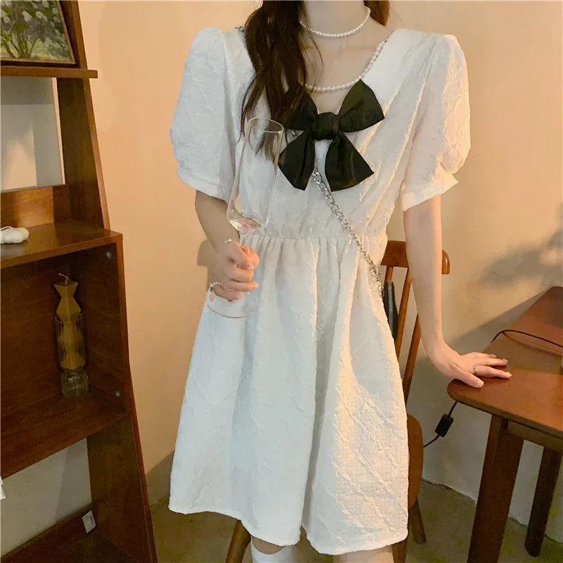 

Minimalism New Summer Women's Clothing Bow Mid- Calf Square Collar Fashion Trend Vintage High Waist A-LINE Short Sleeve Dresses
