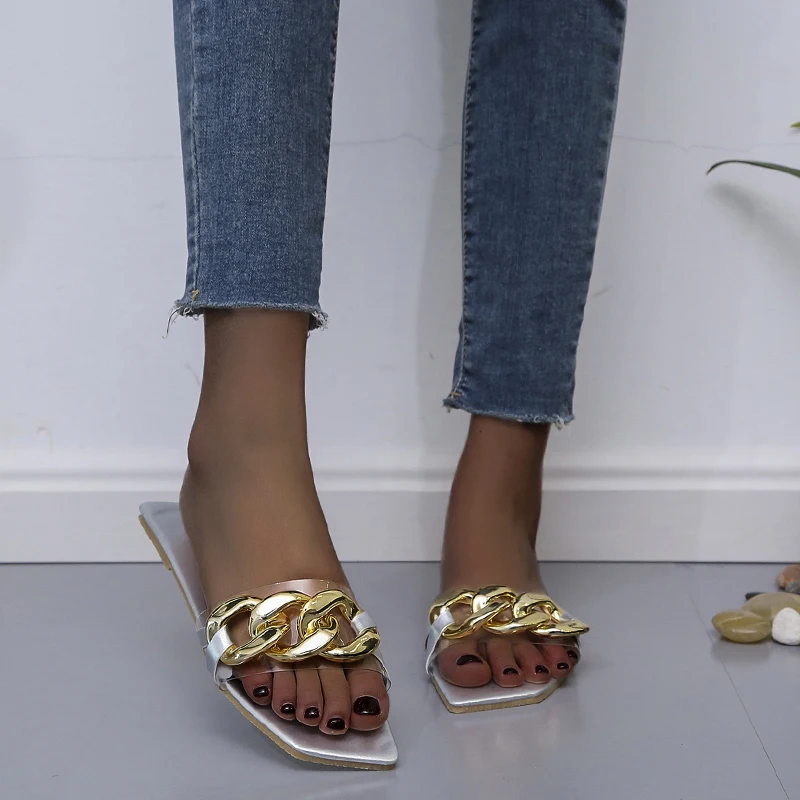 

Summer Women's Flip Flops 2021 New Flats Metal Chain Ladies Slides Square Toe Slippers Woman Beach Slipper Slip on Female Shoes