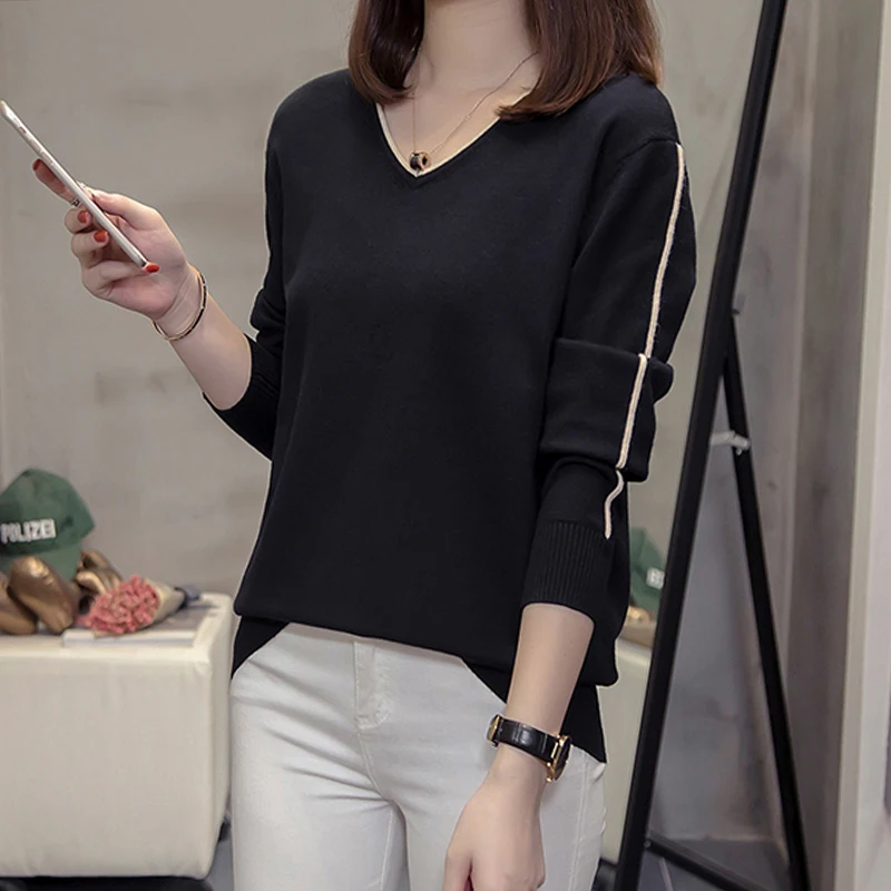 

Women Autumn Korean Fashion Plus Size V neck Pullover SweatersLong Sleeve Loose Stretch Soft Knit Tops Oversized Ladies Jumpers