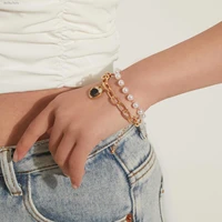 fashion white imitation pearl double layer bracelet simple design leopard pattern heart pendant thick chain ladies accessories
