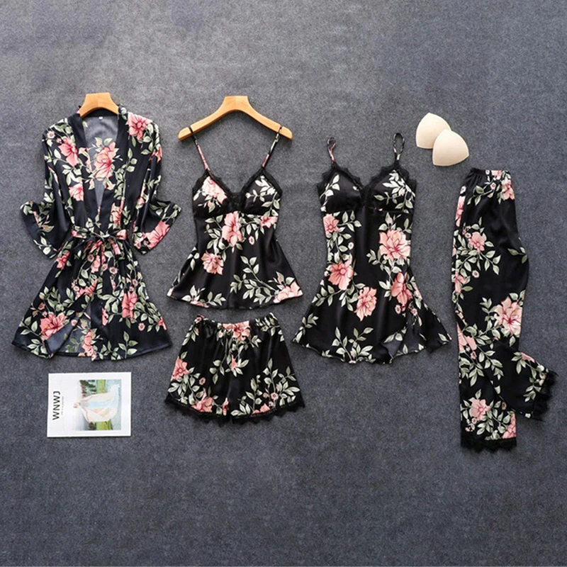 Pink Pajamas Sets Womens 5PC Strap Top Pants Sleepwear Suit Spring Autumn Home Wear Nightwear Kimono Robe Bath Gown S-XXXXL