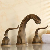 vintage retro antique brass deck mounted dual handles widespread bathroom 3 holes basin faucet mixer water taps man027