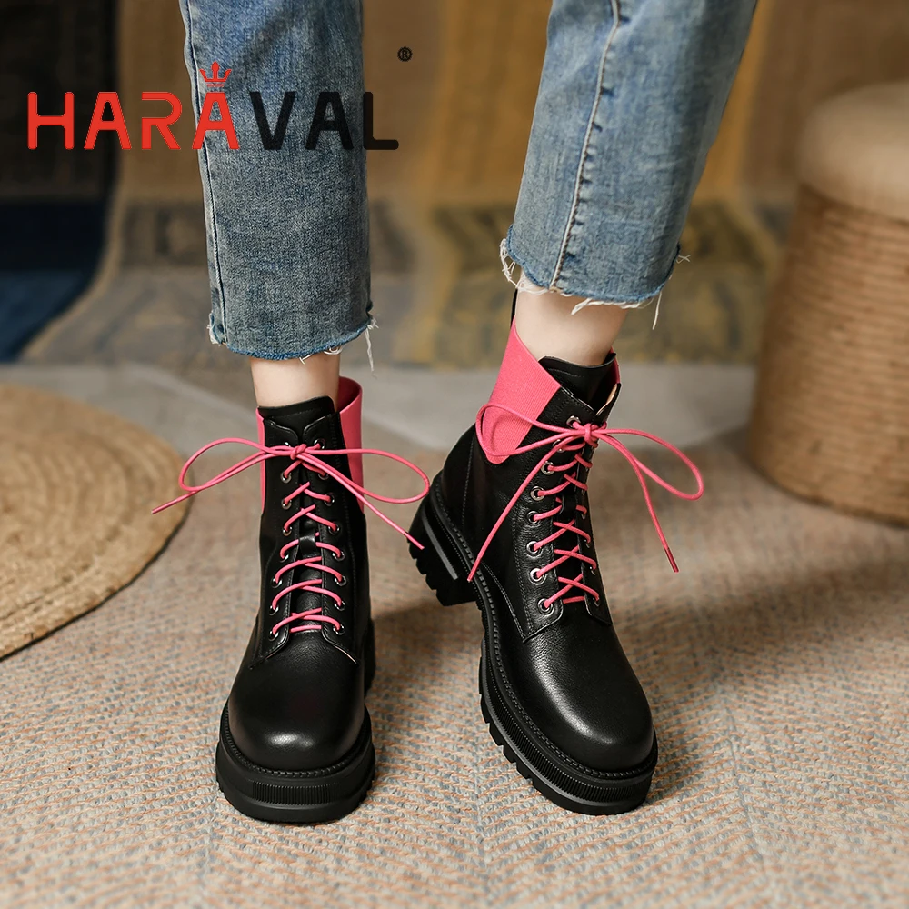 Online HARAVAL Sepatu Bot Modern Pergelangan Kaki Wanita Musim Semi/Musim Gugur Kulit Asli Eelignt Tebal Bawah Hitam Putih Ikatan Silang Warna Campuran E515L
