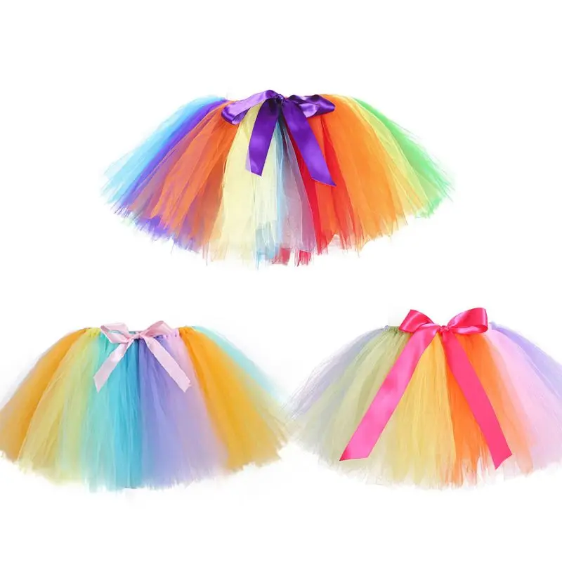 

Women Girls Rainbow Colorblock Tutu Skirt Layered Tulle Bow Ballet Dance Ruffles Pettiskirt Carnival Party Costume