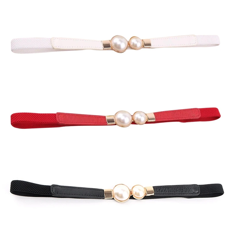 Ремень из искусственной кожи Женский тонкий эластичный пояс с двойным жемчугом