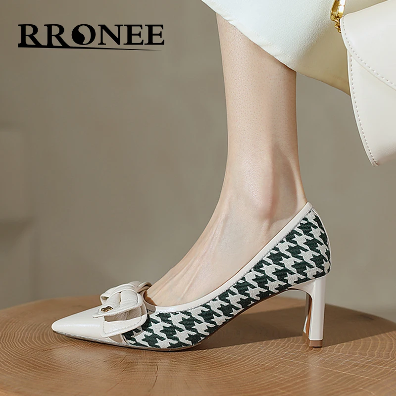 

French pointy pumps for women's winter 2021 bow-tie jade-checked stiletto heels