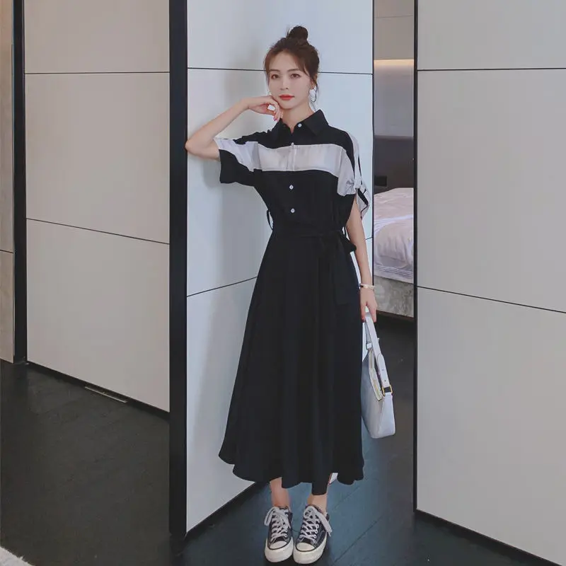 

Новинка лета 2021, светильник Кая юбка-рубашка в стиле королевской сестры старшего возраста, модная юбка контрастных цветов с прострочкой