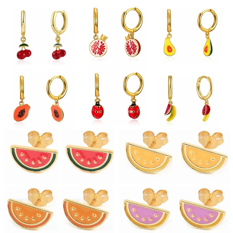 

CANNER 925 Silver INS Small Earrings For Women 2021 Trend Dripping Oil Huggie Strawberry Watermelon Retro Aretes pendientes