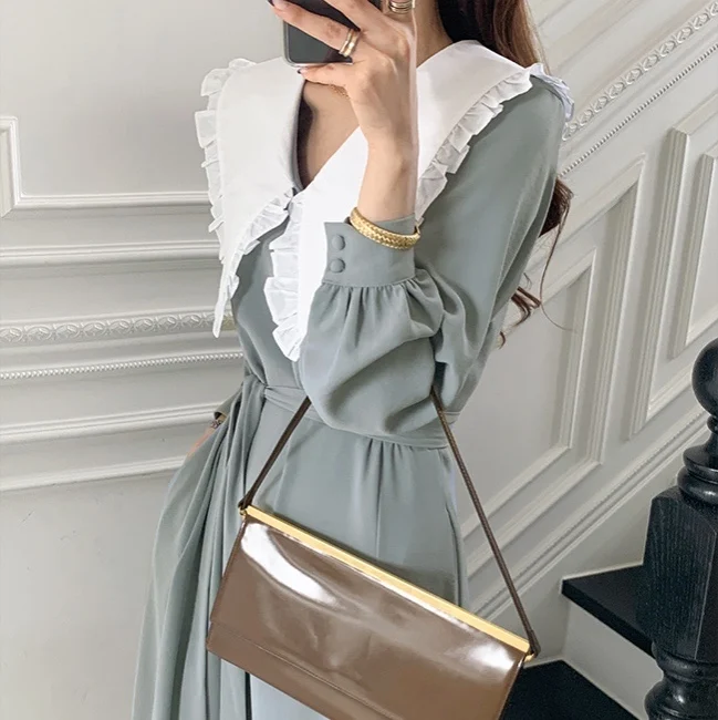 

Summer Women Fashion Solid Peter Pan Collar Vintage A-line Party Dress Elegant Long Sleeve High Waist Office Lady Maxi Dress