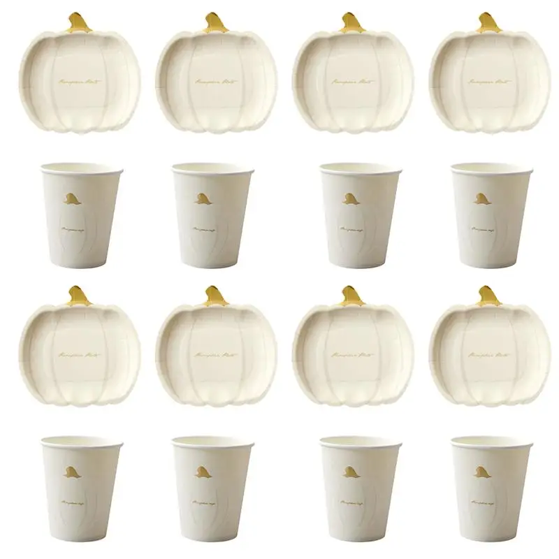 

5 Sets Disposable Plate and Cup Set Pumpkin Shape Paper Plate for Party