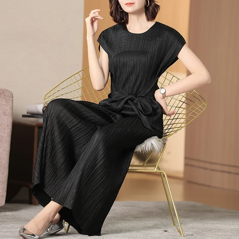 

Fashion Lady Two Pieces Trouser Suits Solid Shirts +Angle-Length Wide Leg Pants Women's Special Pleats High Quality Sets