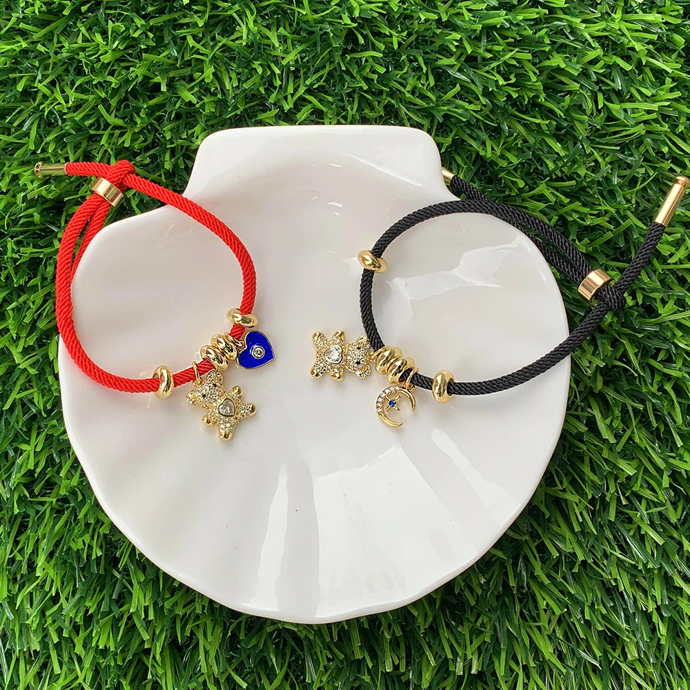 

CZ Micro Pave Mini Bear Enamel Moon/Heart Electroplating Pendant Adjustable String Bracelet Handmade Bulk Jewelry Wholesale