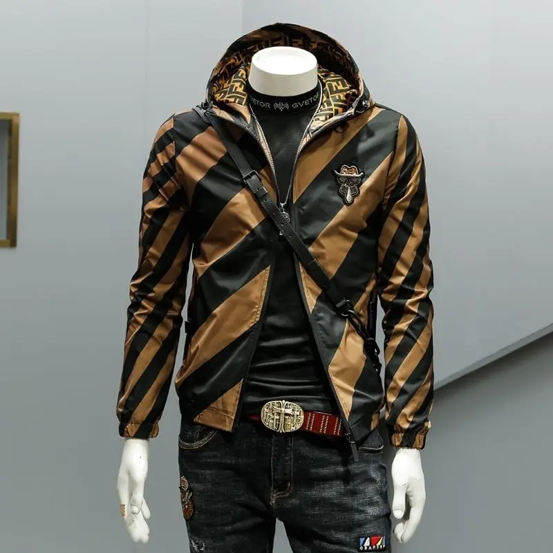 

Spring New Hooded Jacket Fashion Striped Printed Casual Coat Men 's Clothing Top