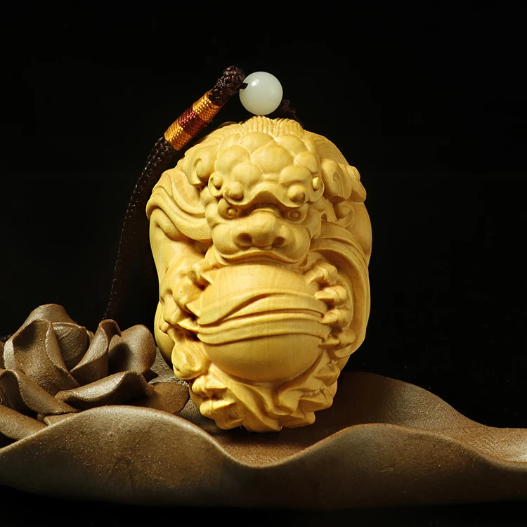 

Boxwood 4-7cm Pixiu Lion Ball Sculpture Wood God Animal Statue Chinese Auspicious Beast Home Decor