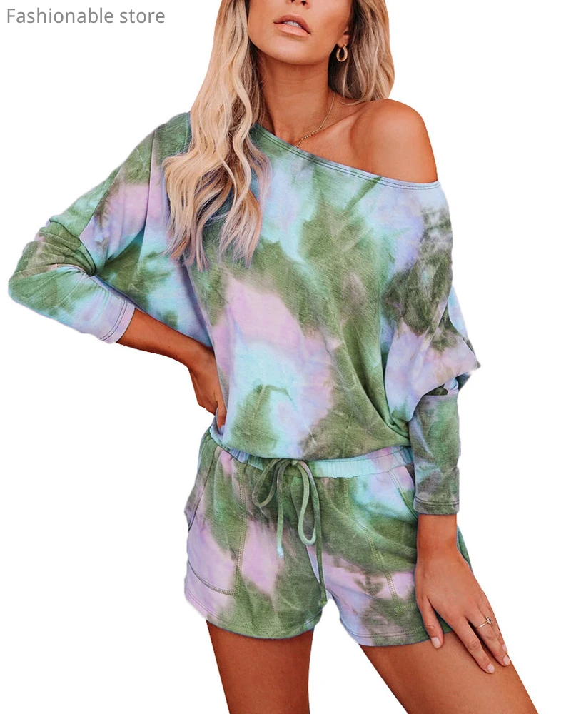 

Women Comfortable 2pcs Suits Long Sleeve Top and Shorts Set