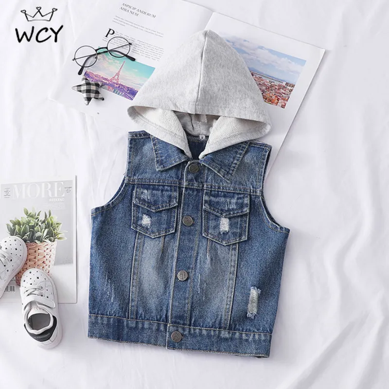 Джинсовая куртка с капюшоном жилеты детская мода 2019 Осенний жилет без рукавов