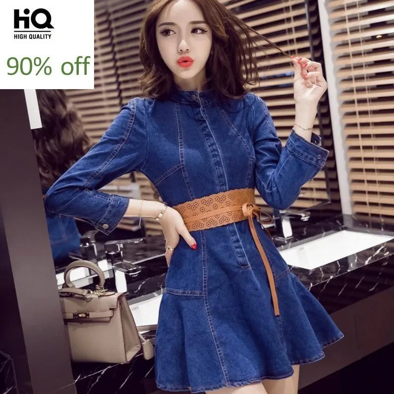 Милое корейское женское джинсовое платье с длинным рукавом и воротником стойкой