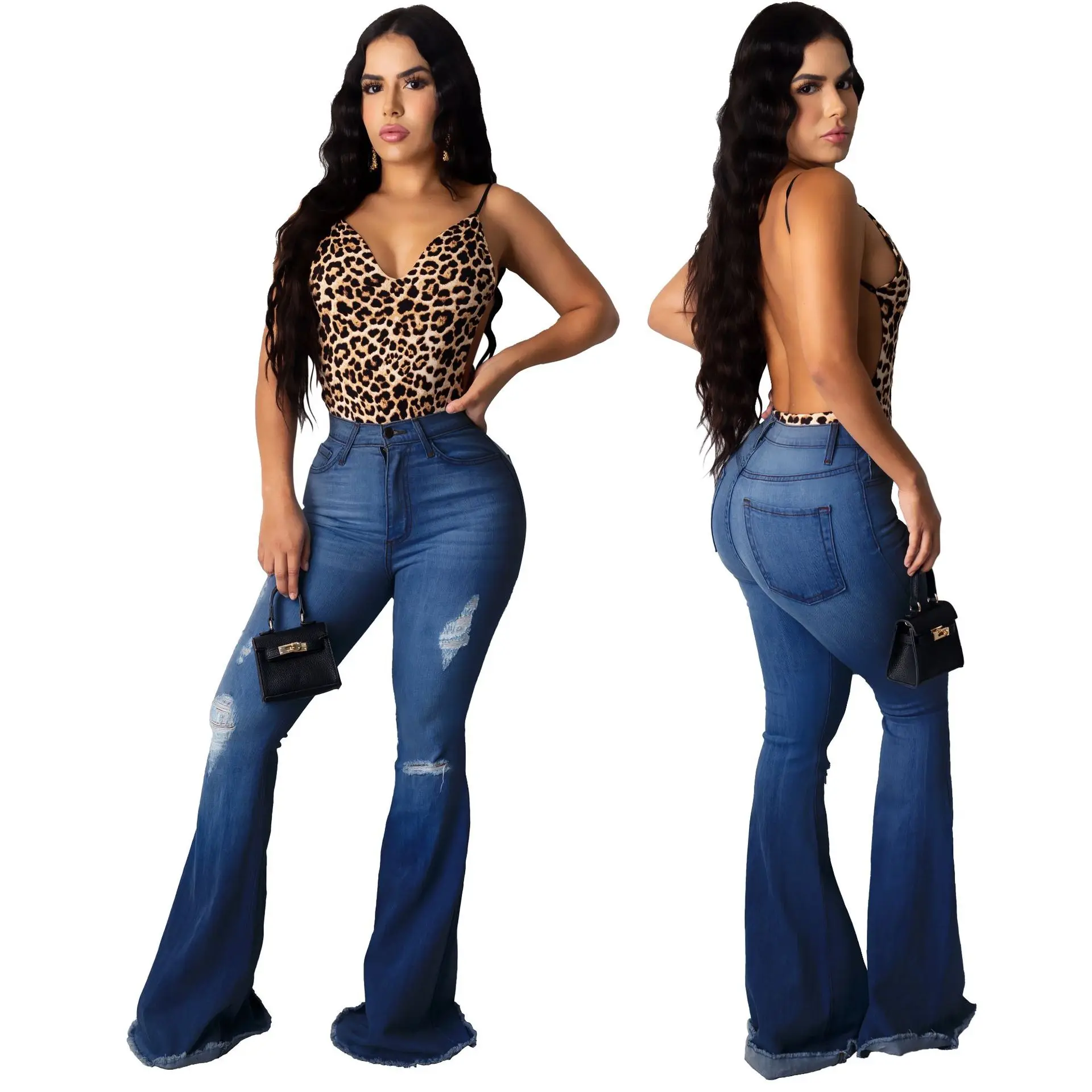 

Fashion All-match Wide-leg Slim-fit Ripped Denim Stretch Flared Pants Ripped Jeans for Women