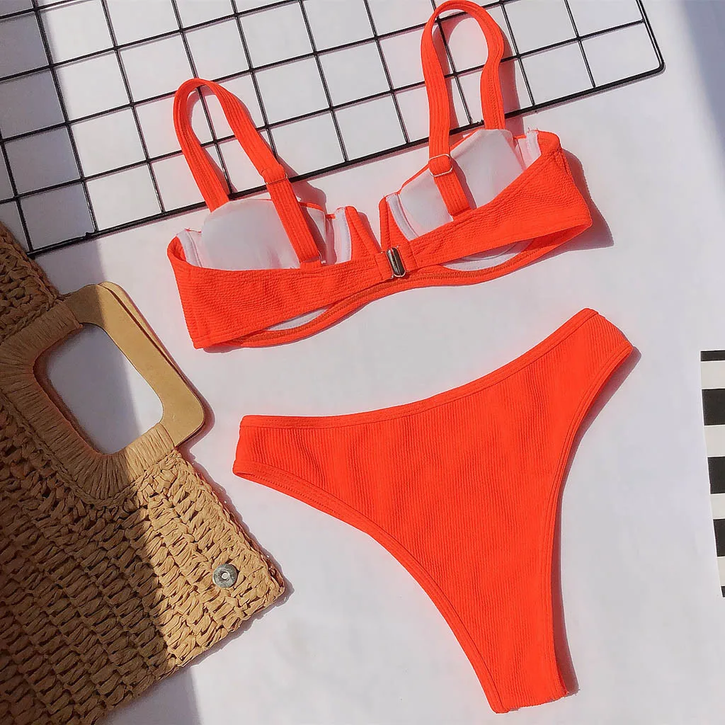 

Sexy Neon Orange Micro Bikini Women Solid Bikini Push-up Padded Swimwear Swimsuit Beachwear Set Padded Underwire Thong Swimwear