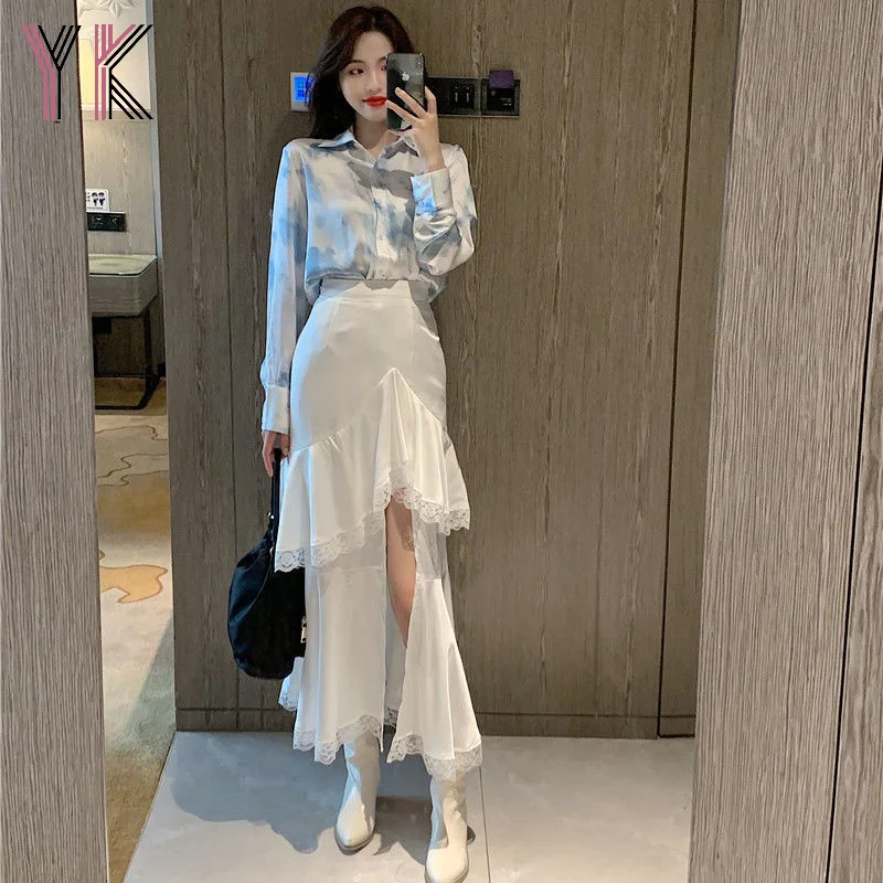 

Женский Повседневный костюм, голубая рубашка с принтом тай-дай + Асимметричная юбка, блузка с длинным рукавом, кружевной разрез