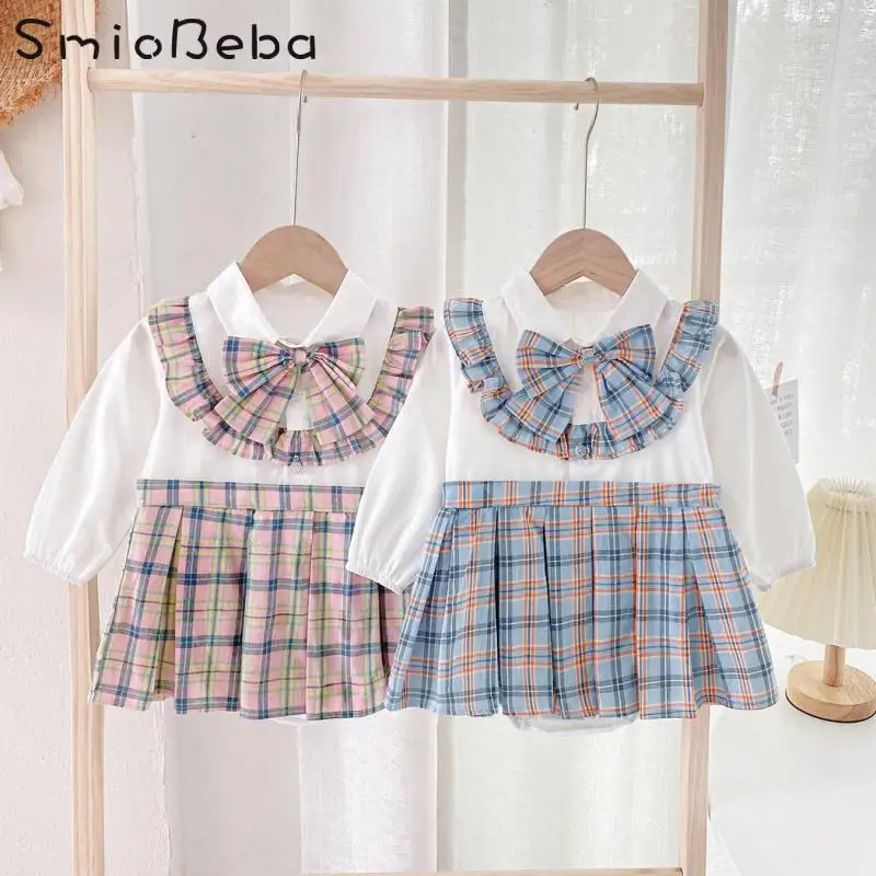 

Baby Clothes Korean Fart Rompers Spring Autumn Newborn Cotton Climbing Lori Plaid Big Bow Bodysuits Kid Pajacyki Dla Niemowlat