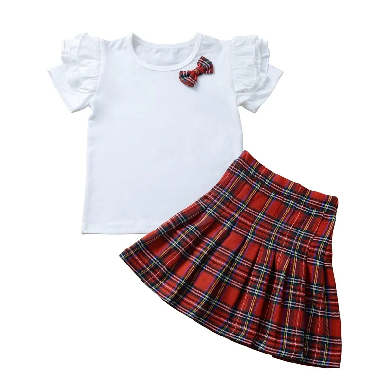 Комплект одежды для детей Модный комплект девочек белая футболка + клетчатая