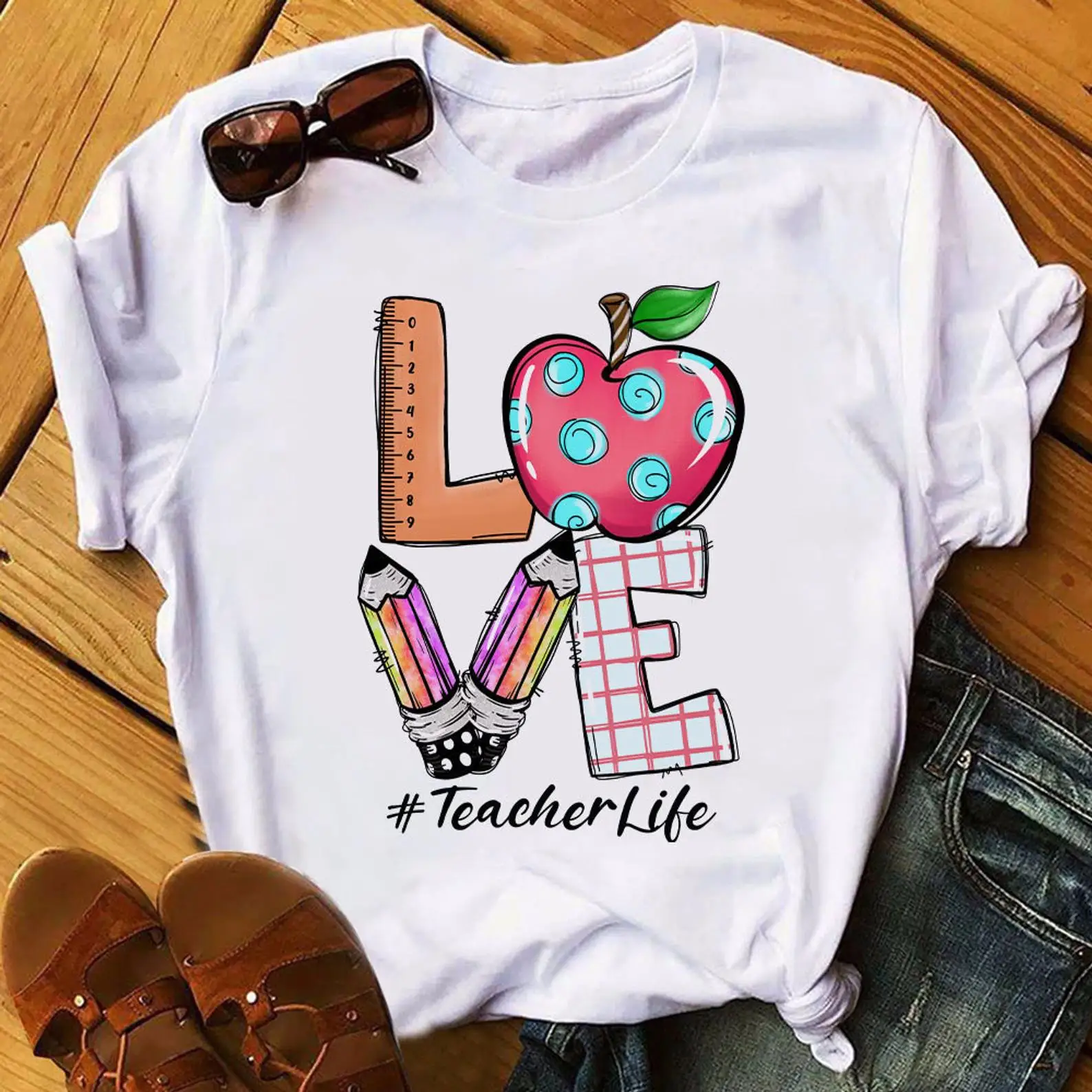 

Women T-shirt Casual Ladies Basic O-collar Short Sleeved Women T-shirt Apple Teacher Print Harajuku Top Girl,Drop Ship