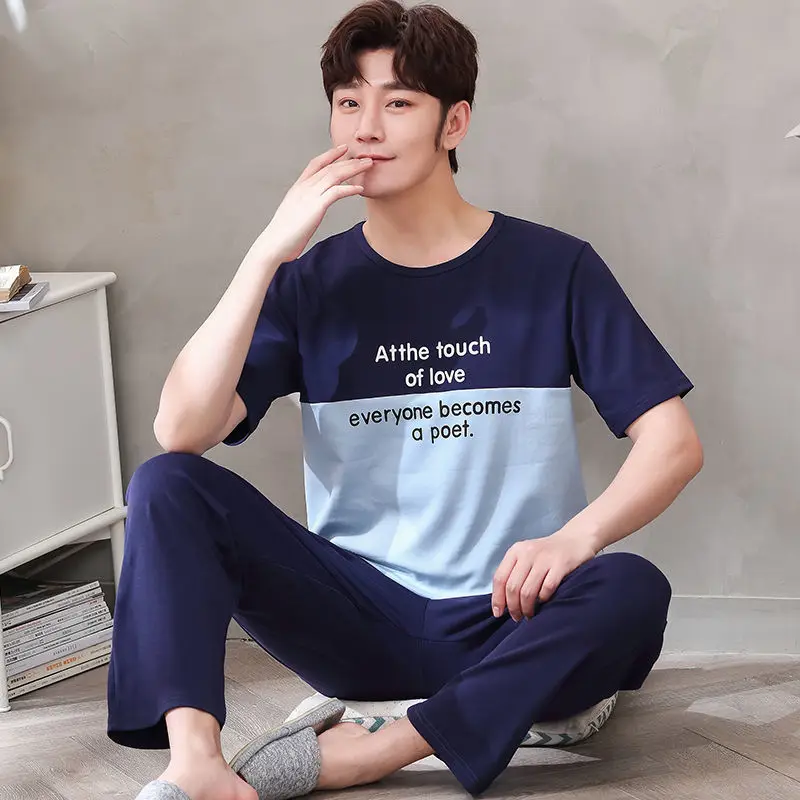 Casual Men Pajamas Set 2022 Short Sleeve Plaid Trousers Homewear Cat Letter Printing Boy Two-Piece Suit Loose O Neck Nightgown