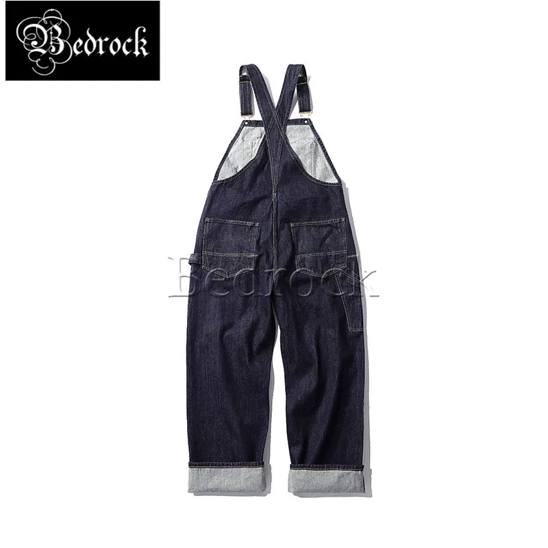 Bedrock 14oz high quality vintage denim overalls heavy raw denim jeans one washed blue Amekaji dungaree suspenders for men 7293