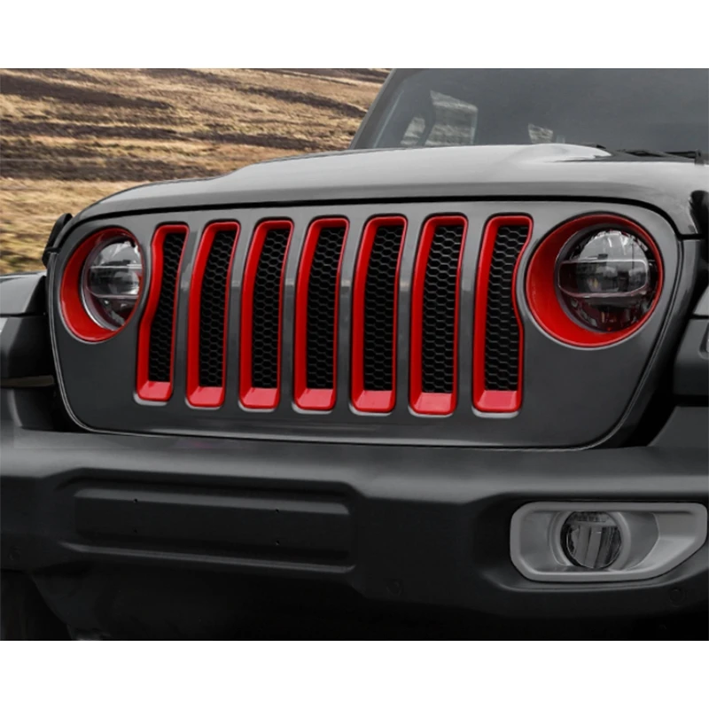 

ABS Red Front Mesh Grille+Headlight Trim Cover for Jeep Wrangler JL 2018 2019 Accessories