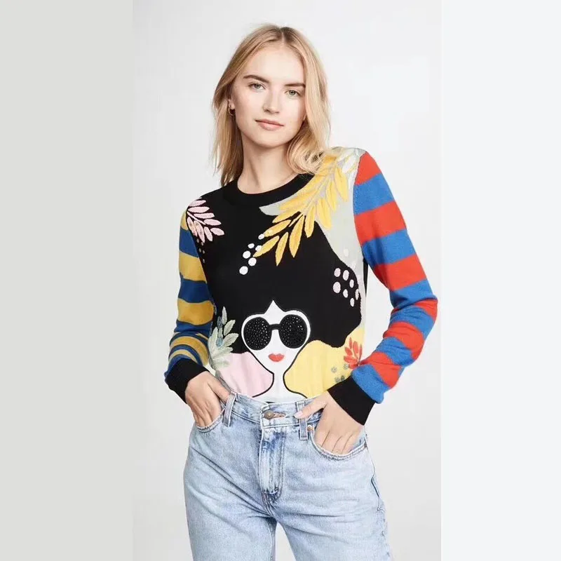 Женский трикотажный свитер с вышивкой теплый Повседневный пуловер блестками