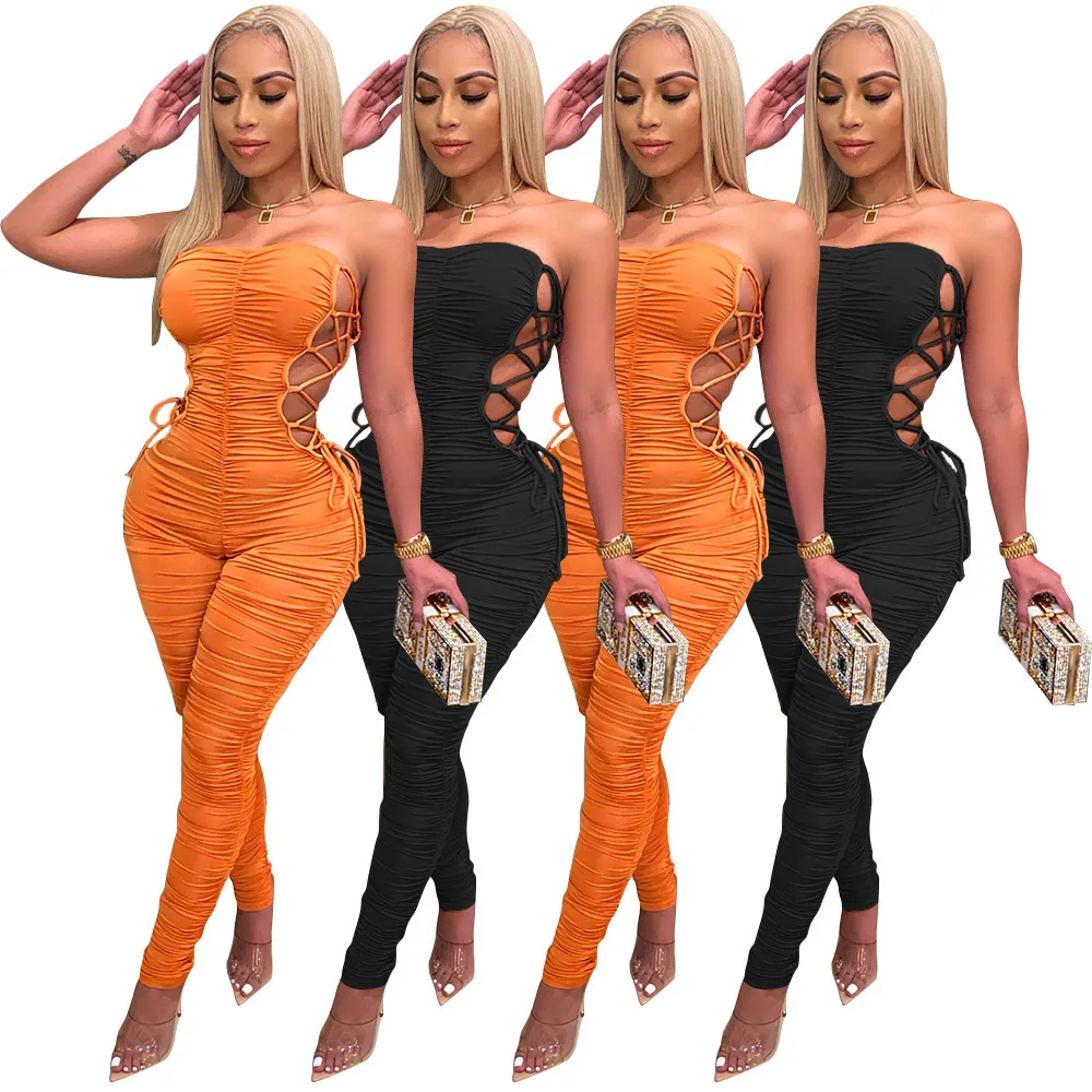 

Side Crisscross Drawstring Lace Up Sleeveless Strapless Sexy Party Long Ruched Jumpsuit Playsuit Women's One Piece Pleat Rompers