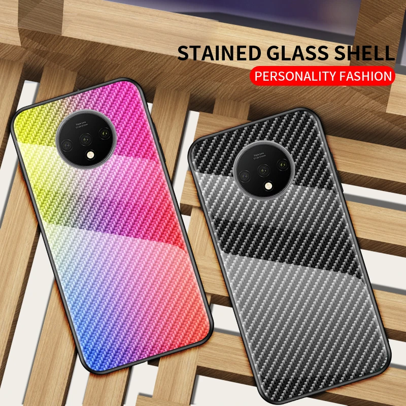 KEYSION Tempered Glass Case for Oneplus 7T Pro Carbon fiber Silicone Phone Back Cover 7 6 6T 1+7t 7TPro |