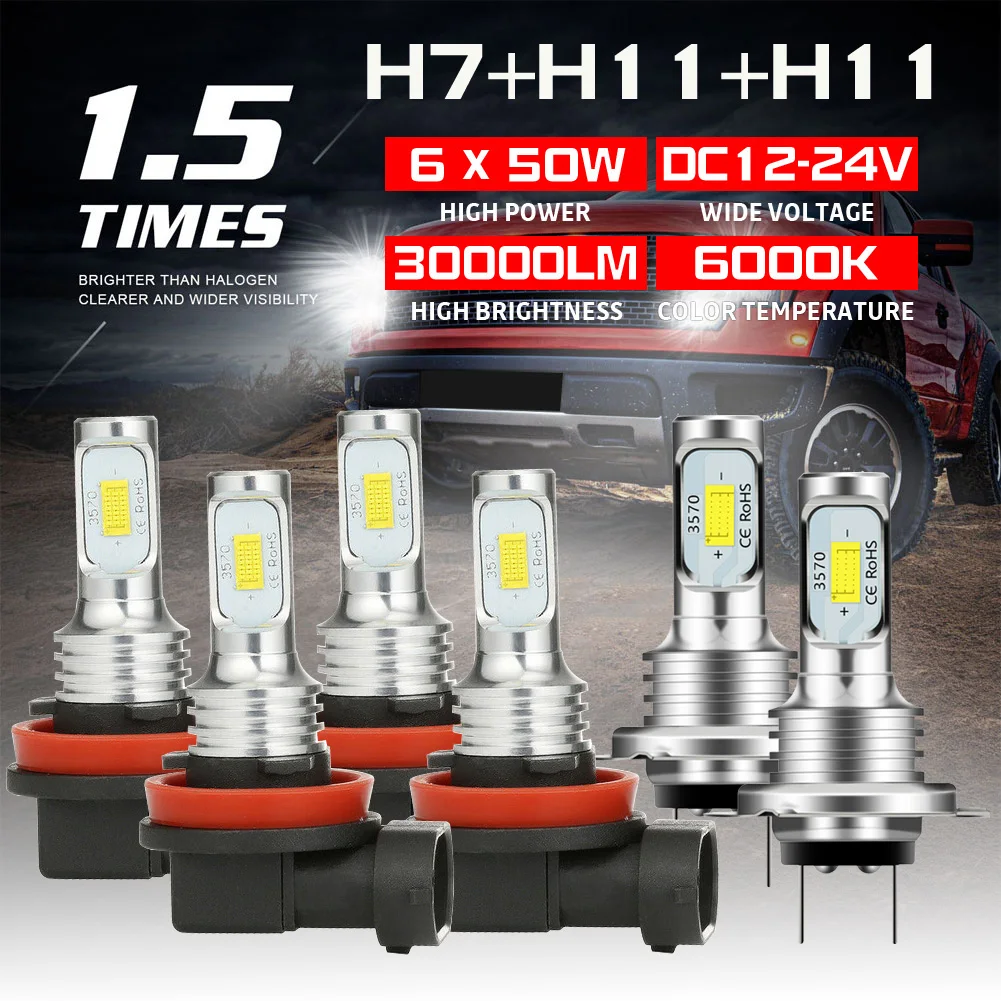 

Совершенно новые светодиодные фары H7 + H11 + H11 комбинированные фары дальнего и ближнего света Противотуманные фары 6 шт. Комплект ламп 6000K белы...