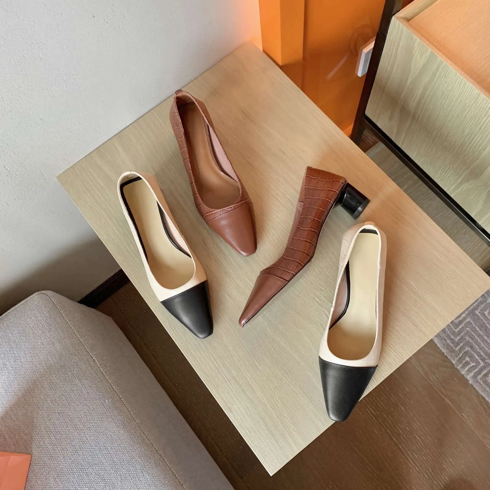 

Krazing pot genuine leather small square toe med heel gladiator young lady streetwear fashion slip on convenient women pumps L22