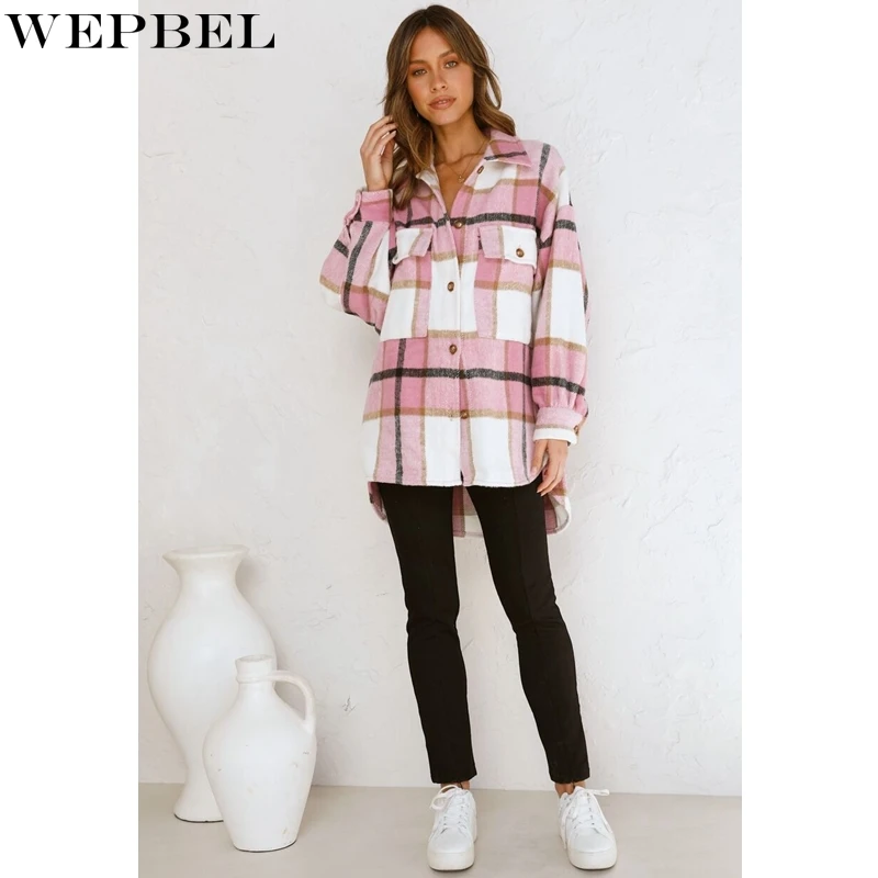 

WEPBEL Casual Long Sleeve Shirt Autumn Plaid Loose Straight Irregular Shirt Women's Single-Breasted Turn-down Collar Shirt