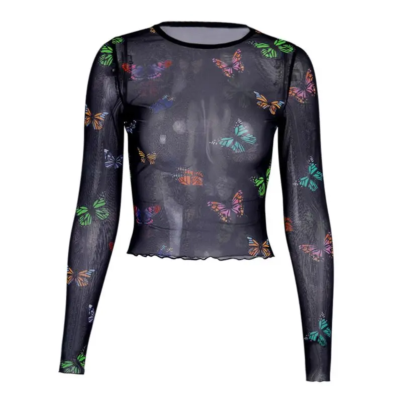 

Women Ruffles Mesh Sexy T-Shirt Colorful Butterflies Long Sleeve O-Neck Crop Top A0NF