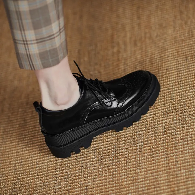 

Women's Leather Shoes 2021 Spring Women Pumps Round Toe Lace-Up Chunky Heel All-match Solid Color Hollow Carved Platform Shoes